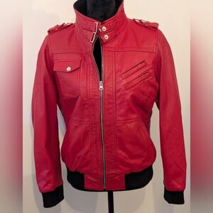 Stylish Red Leather Bomber Jacket for Women